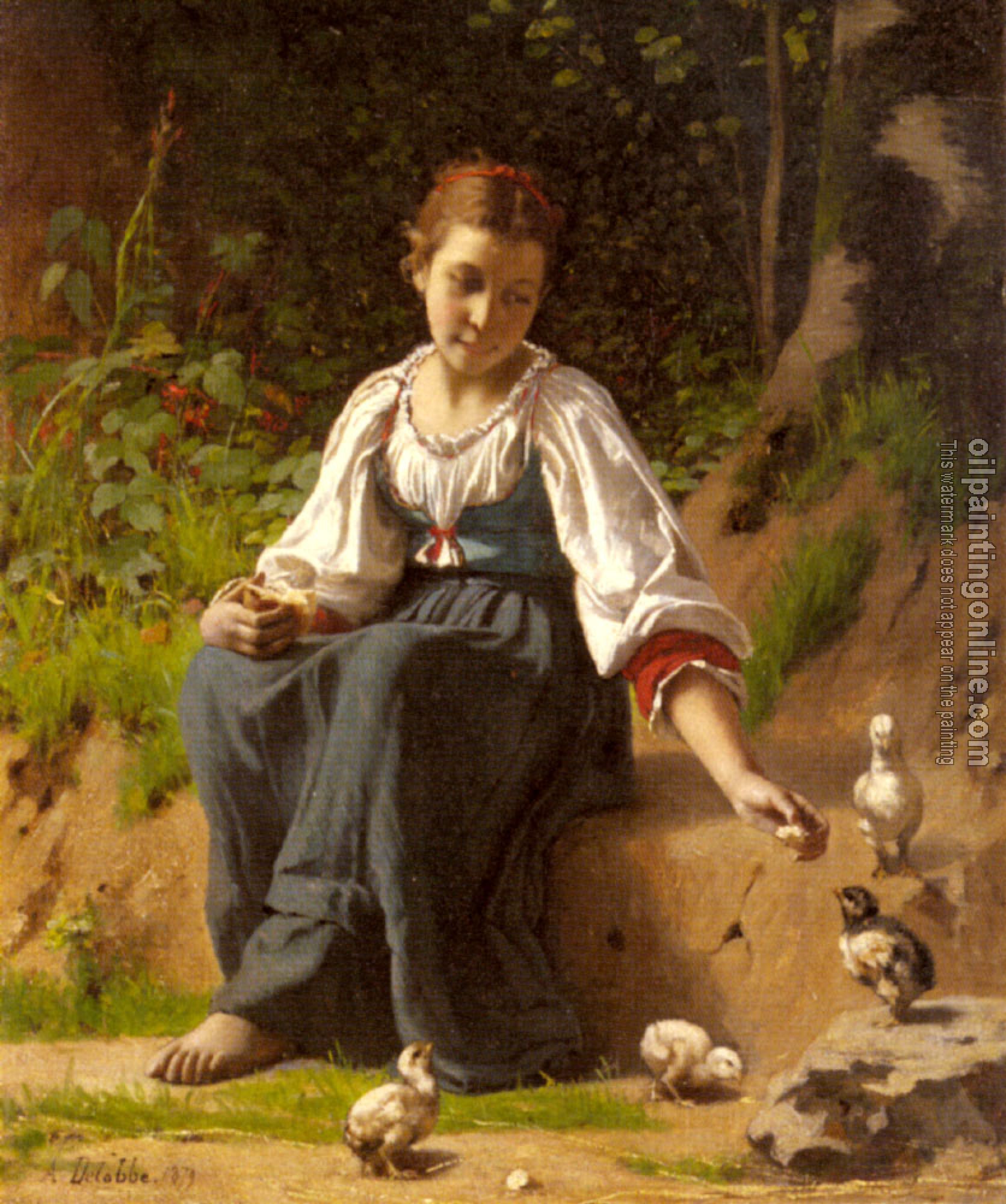 Delobbe, Francois Alfred - A Young Girl feeding Baby Chicks